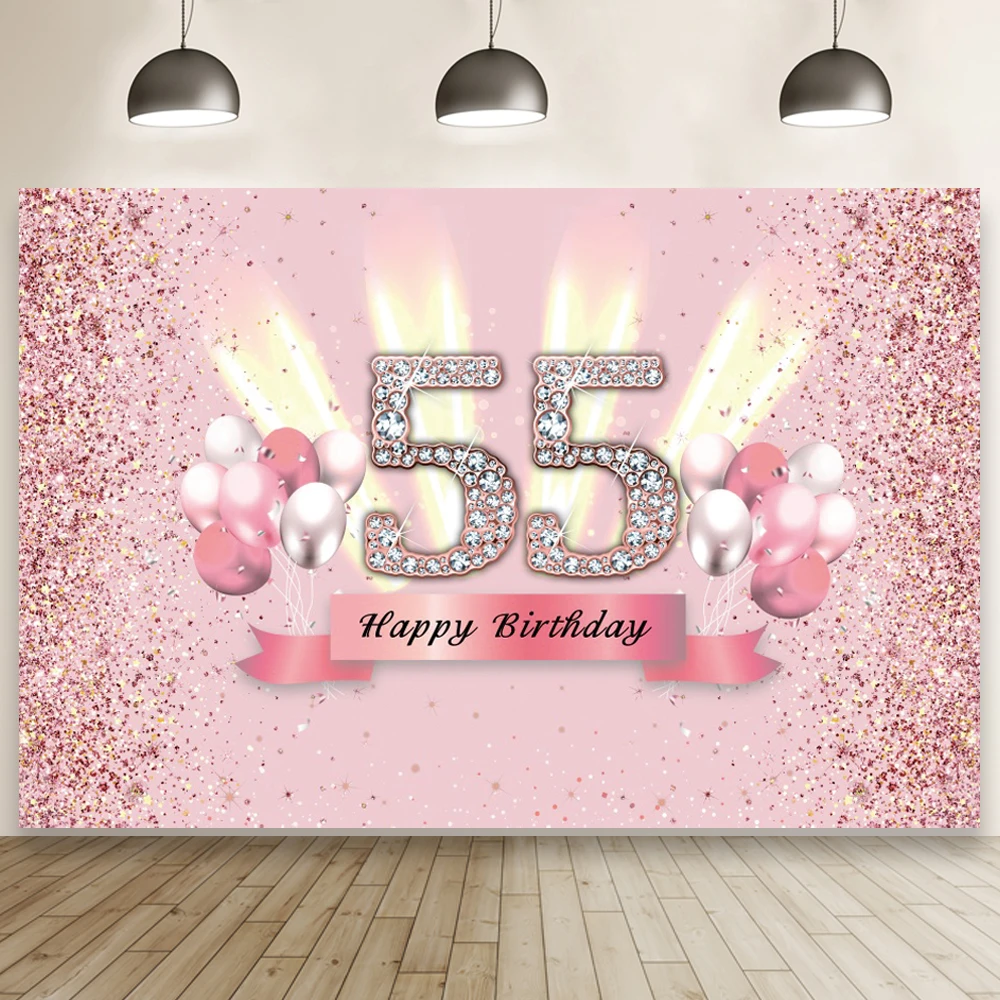 

Happy 55th Birthday Backdrop Pink Balloon Woman 55 Years Old Birthday Party Photography Background Photo Studio Banner