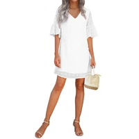 women half sleeve elegant knee length dress solid color dot pattern v neck loose fit dress casual simple chiffon dress