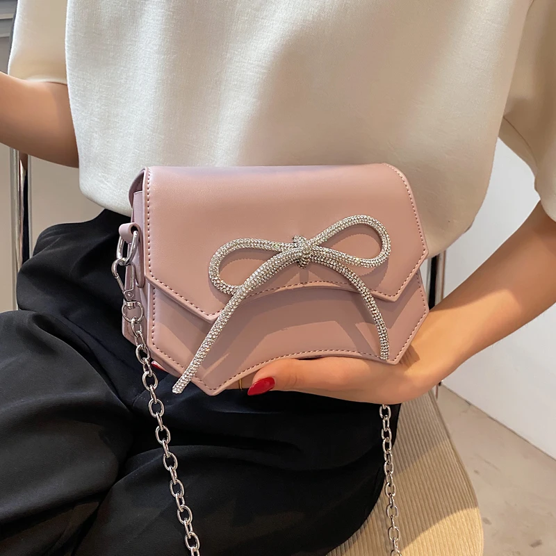 

Summer Solid Color Flap Small Lady Messenger Clutch Bag Fashion Women's Shoulder Bag 2022 Shine Diamond Bow Cossbody Bags Female