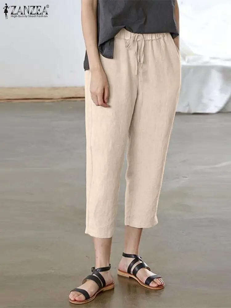 

Брюки ZANZEA женские хлопковые однотонные, винтажные штаны-султанки с эластичным поясом, свободные офисные брюки палаццо для работы, на лето