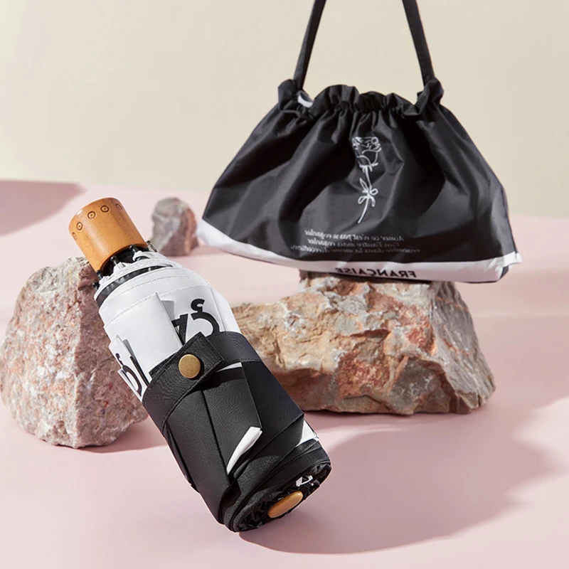 

Wooden Handle Mini Umbrella for Women Five Folding UV Coating Sun Umbrella Parasol UPF50+ Storage Bag Umbrella Free Shipping