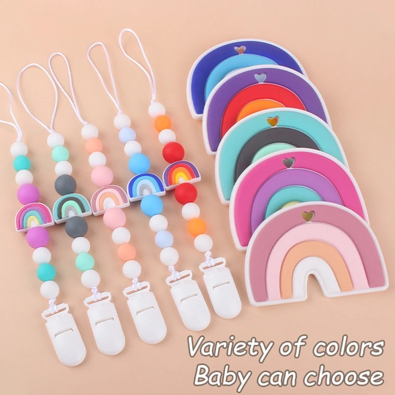 

Cartoon Rainbow Silicone Pacifier Clip with Teether Set Teething Soothie Toy Pacifiers Chain Holder for Baby Girls Boys QX2D