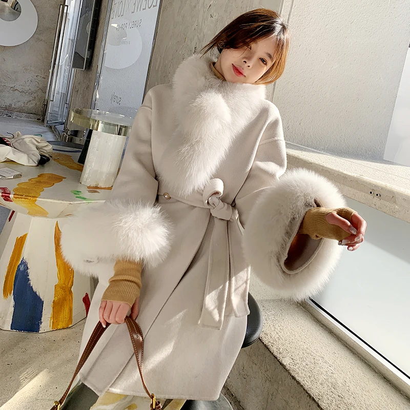 

Двустороннее шерстяное пальто, куртка, зимнее модное шерстяное пальто с воротником из лисьего меха, женская одежда, высококачественное Жен...