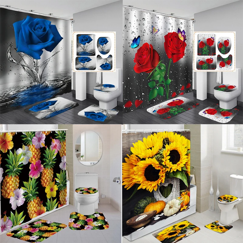 

Blooming Flowers Waterproof Shower Curtain Sets with Rugs Bathroom Decor Bath Rug and Mats Set with Hooks Toilet Seat Cover