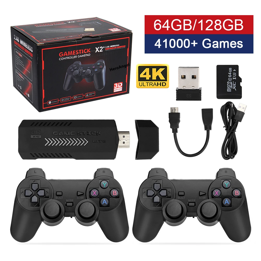 NEW X2 Plus Retro Video Game Console 4K HD Output Gamestick Emuelec 2.4G Wireless Controllers 3D For PSP/PS1 40 Simulators Games
