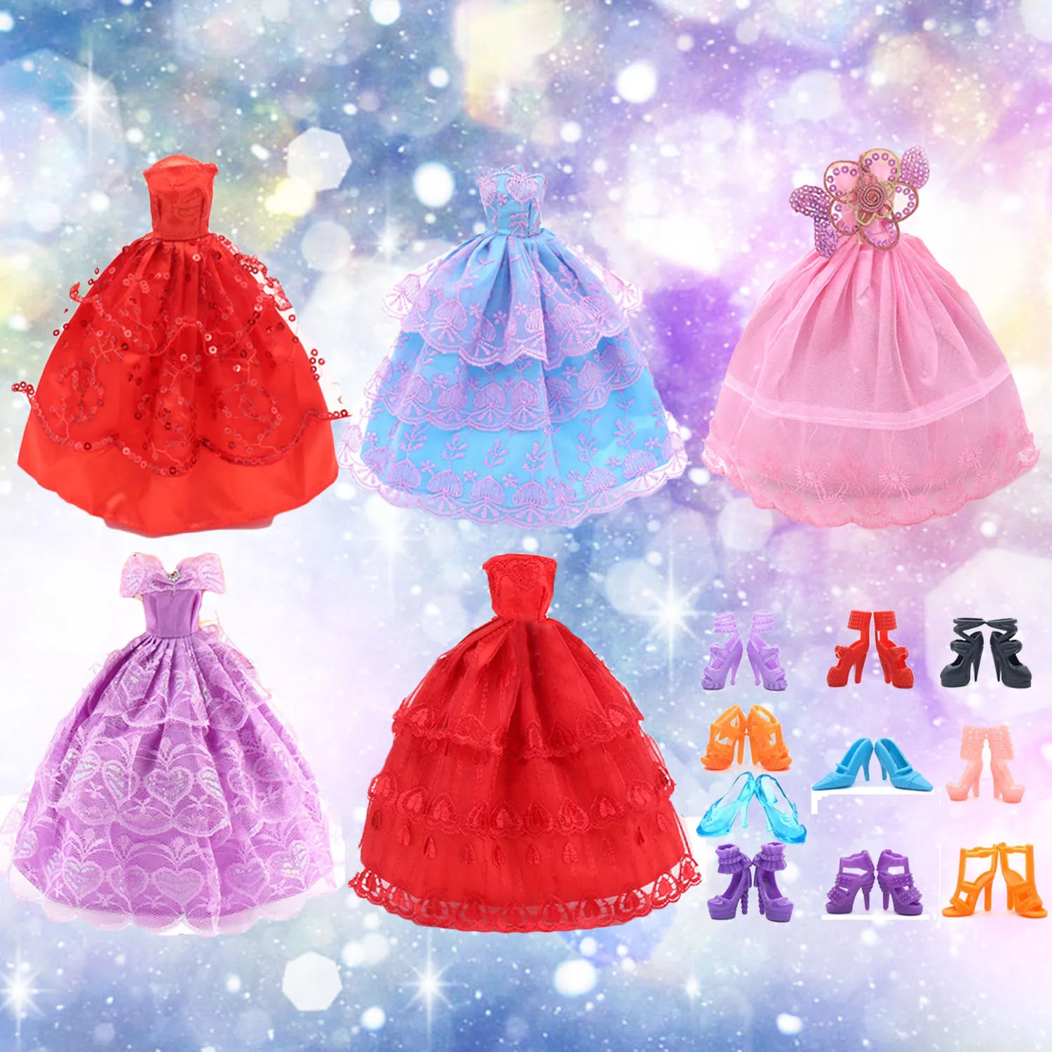 

5PCS Fairy Dresses Girl Dolls Toys Wedding Party Lace Dresses Gown Outfits Doll 10 Pair Shoes Set Accessories for Barbie Toy Set
