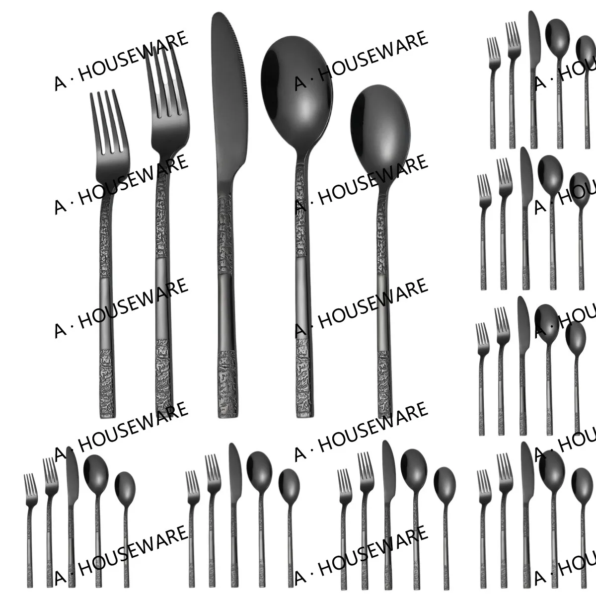 Фото A · HOUSEWARE Радужное серебро, элегантный набор стальных столовых приборов из 40 предметов для 8 столовых приборов с каменным узором и ручкой, уникальный текстурированный дизайн №4