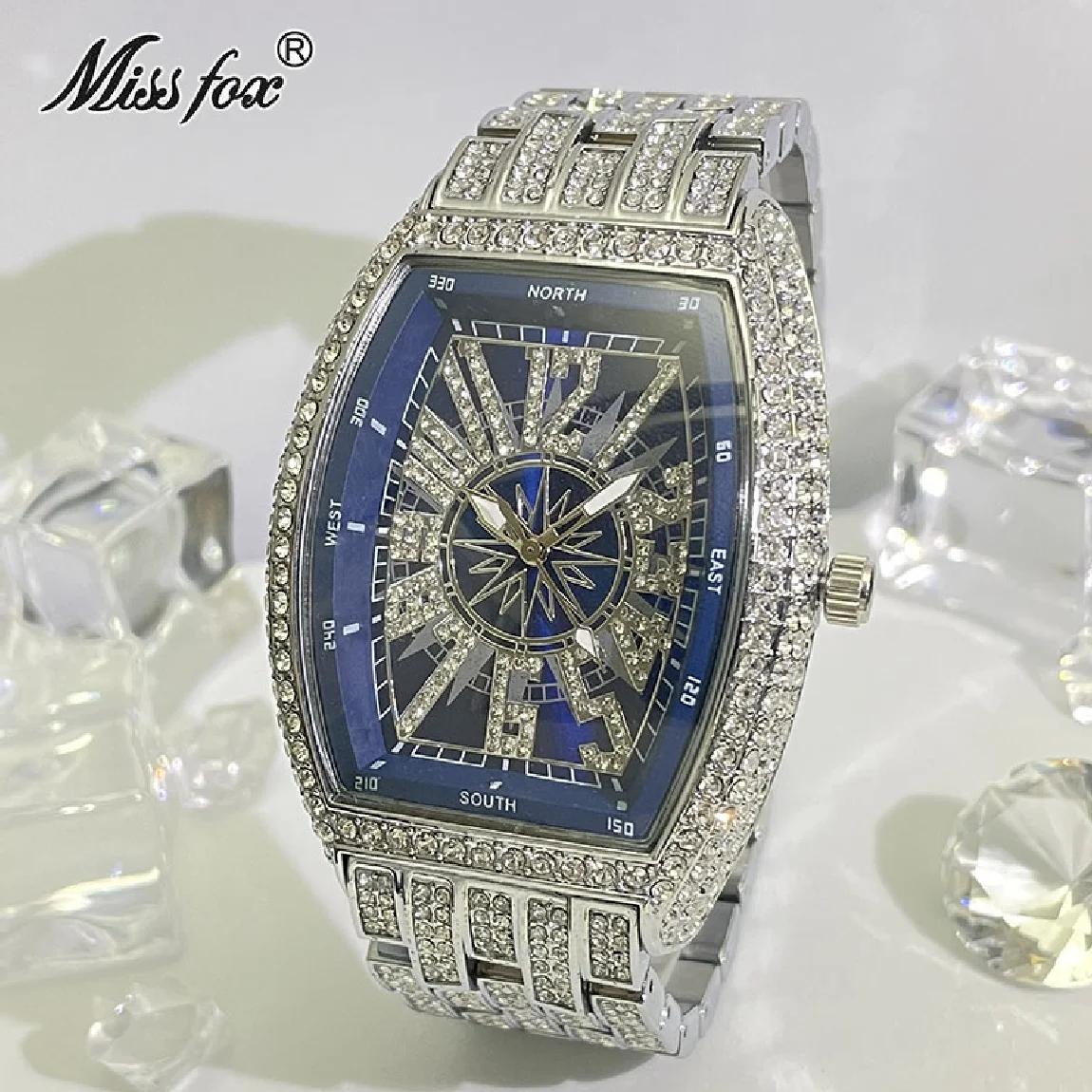 

MISSFOX Iced Watches Men Luxury Brand Fashion Quartz Wristwatch Diamond Waterprof Luminous Tonneau Clock Male Gift Free Shipping