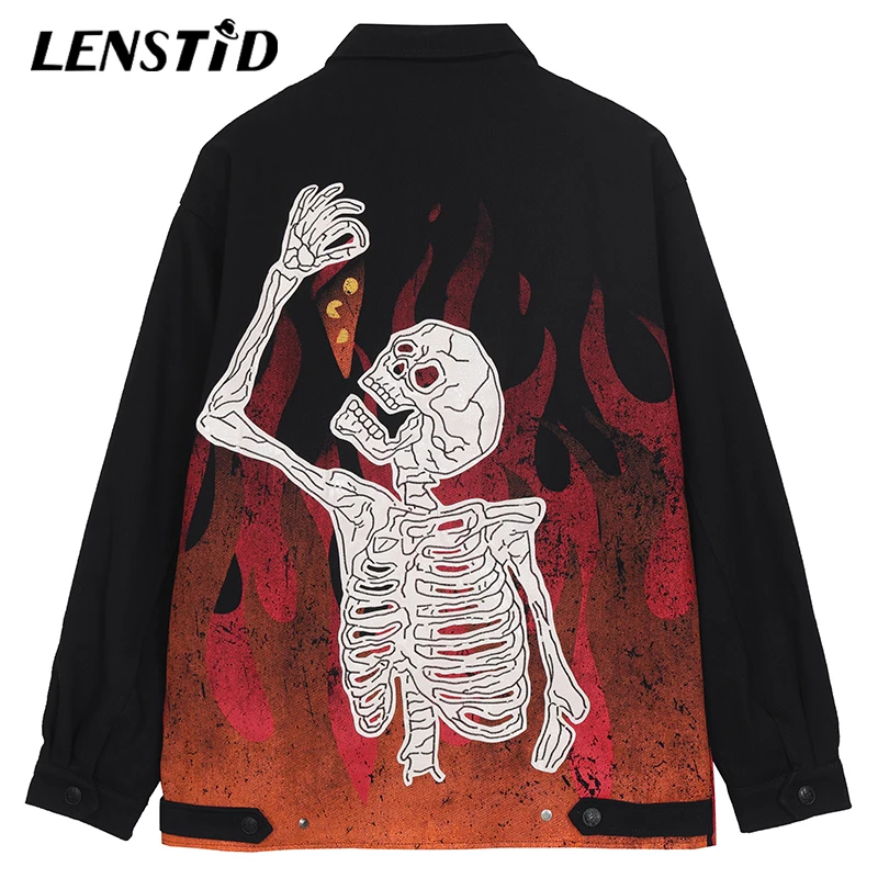 

Куртка-карго LENSTID мужская с принтом, уличная одежда в стиле хип-хоп, Ветровка с принтом огня, скелета, хлопковая Повседневная Верхняя одежда ...