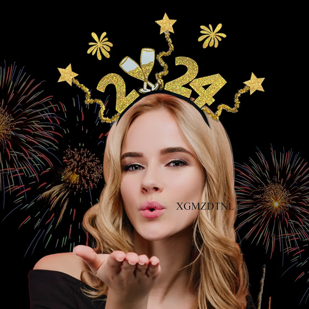 

2024 Gold Fireworks Hair Hoops Happy New Year Headwear Gorgeous Personality New Year Party Performance Head Accessories