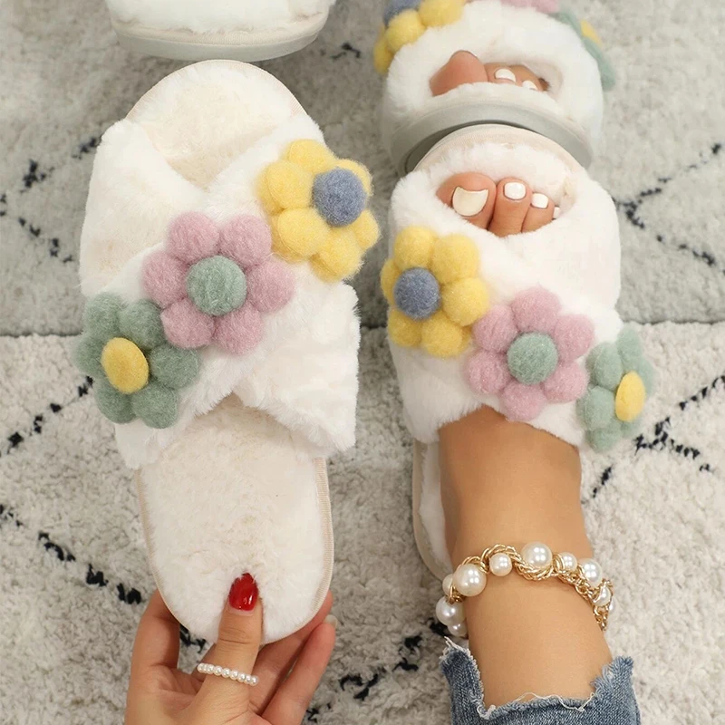 Winter Indoor Women Furry Slippers Warm Faux Fur Home Slides Flat Flower Docor Design Luxury Flip Flops House Non Slip slippers