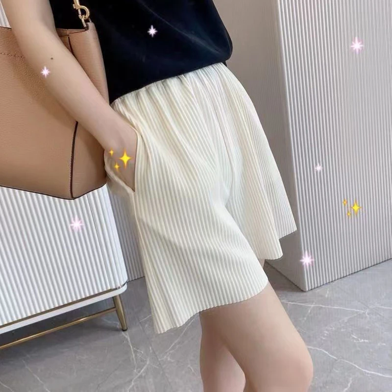 Lucyever Summer Basic Women's Shorts Casual Solid Color Striped Elastic Waist Loose Shorts Woman Classic Wide Leg Short Pants