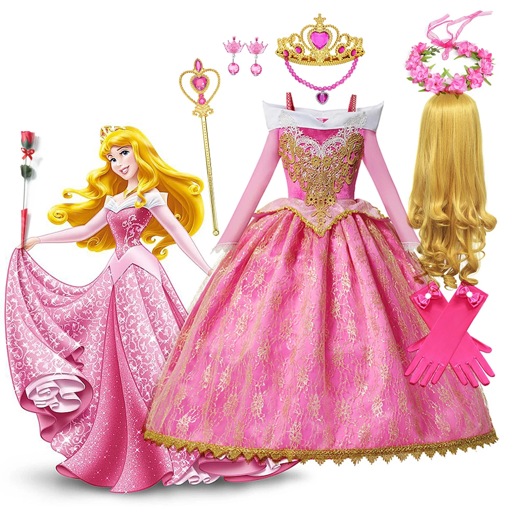 Disney Girl Princess Aurora Costume Dress for Kids Sleep Beauty Luxury Applique Ball Gown Fancy Carnival Birthday Halloween Dres