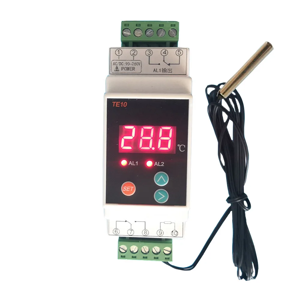 

AC90~260V -40~110℃ Din Rail Thermostat with Sensor 2 Way Relay Output Temperature Alarm Controller NO NC COMMON Output 7A/250VAC