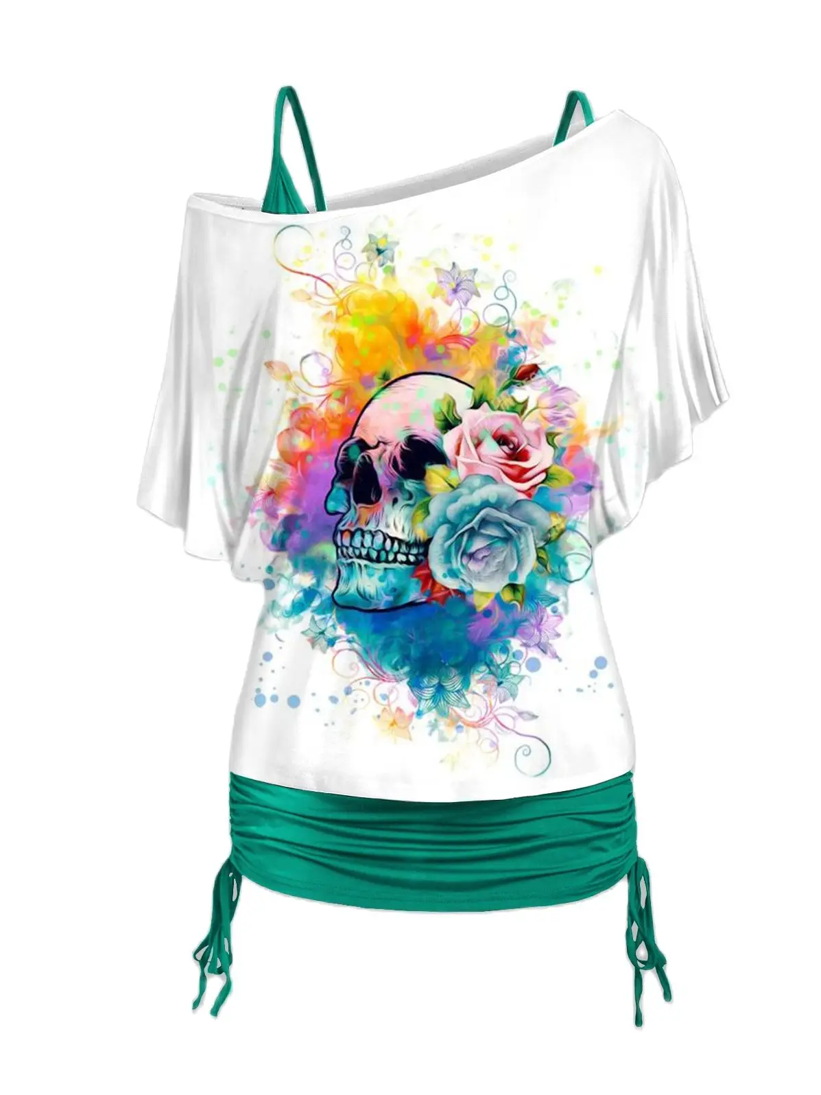 

Dress Flower Printed T-Shirt Plain Color Skew Neck Cinched Ruched Two-Piece Top Halloween Short Sleeve Gothic Skull Women Tops