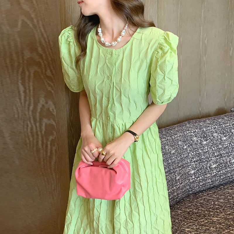

Clothland Women Sweet Casual Shirt Dress Short Puff Sleeve Back Sashes One Piece Candy Color Cute Midi Vestido DA201