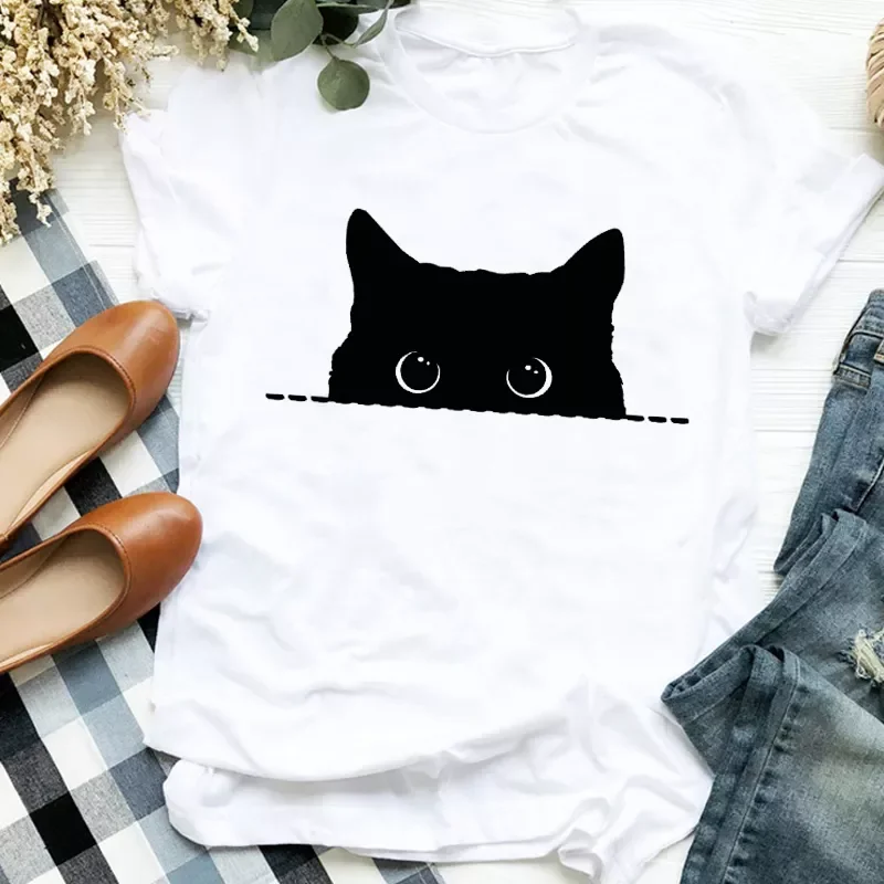 

Lady Cat Shy Face Cute Harajuku Kawai Geometric Print Shirt T Tee for Womens Clothes Tshirt Female Top Graphic T-shirt