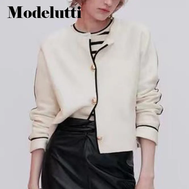 

Modelutti 2022 New Autumn Fashion Long Sleeve Splicing Side Knitted Sweater Women Elegant Solid Simple Casual Tops Female Chic