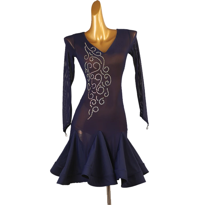 

Одежда для латиноамериканских танцев, женская одежда с V-образным вырезом и длинным рукавом, одежда для профессиональных тренировок румбы, платья для бальных танцев DQL8034