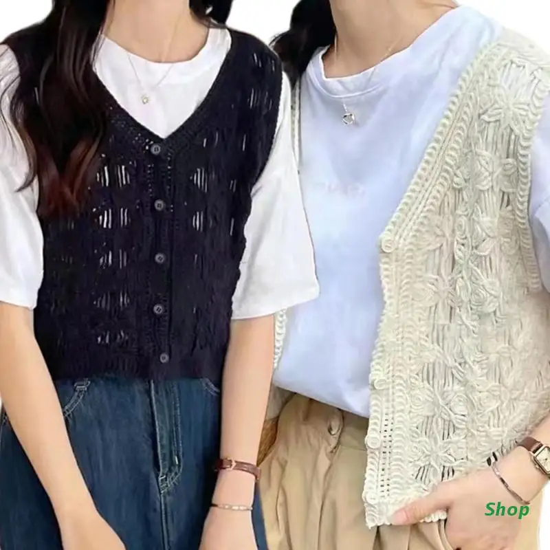 

L5YC Women Hollow Crochet Crop Cardigan Knit Floral Lace Button Sleeveless Waistcoat