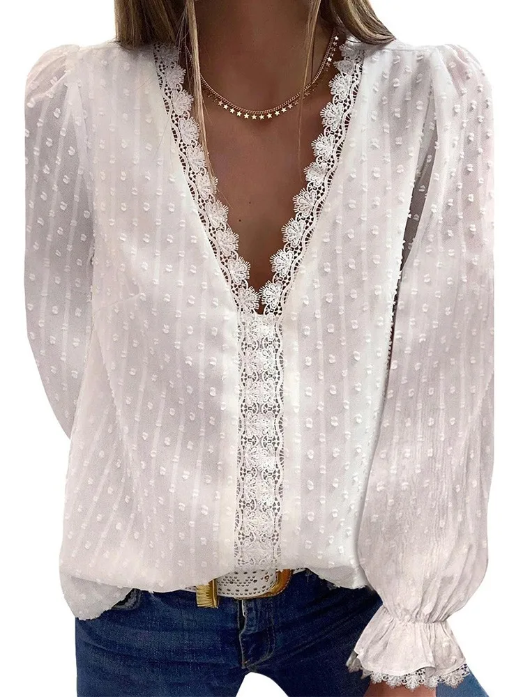 Летние блузки женские модные кружевные лоскутные с v-образным вырезом с длинным рукавом Повседневные Элегантные рубашки топы для офиса раз...