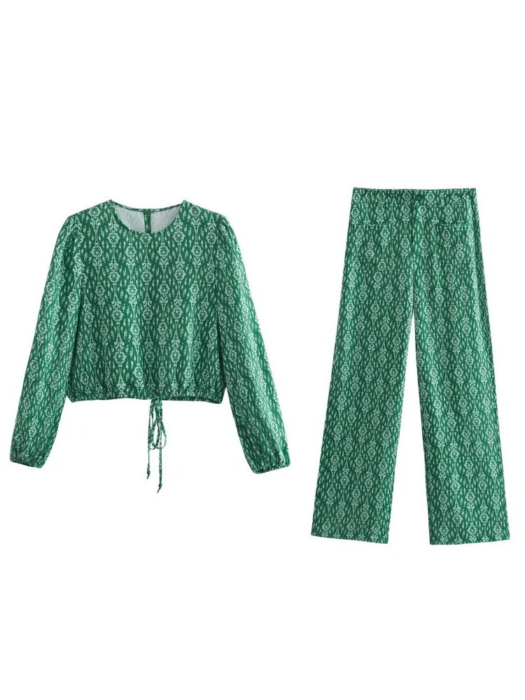 

KJMYYXSummer Women Chic Fashion Sets Suits Vintage 2 Pieces Oversized Long Sleeve Tops Print and High Waist Loose Wide Leg Pants