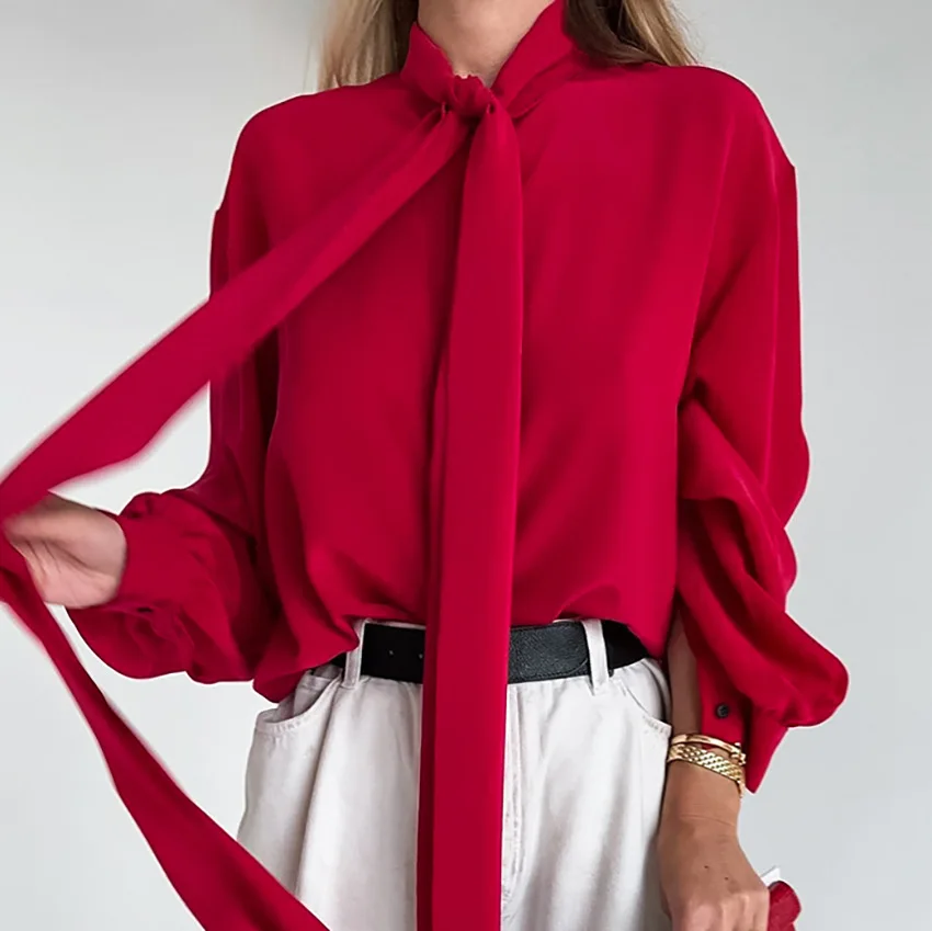 

French vintage ribbon satin long-sleeved shirt for women 2023 winter new niche design sense temperament commute everything