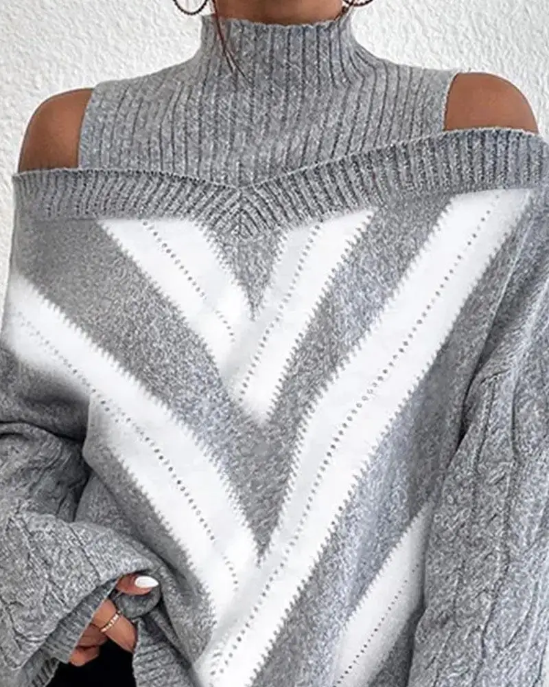 

Chevron Pattern Cold Shoulder Lantern Sleeve Sweater Women Pullover Knitwear Spring Summer Turtleneck Sweaters