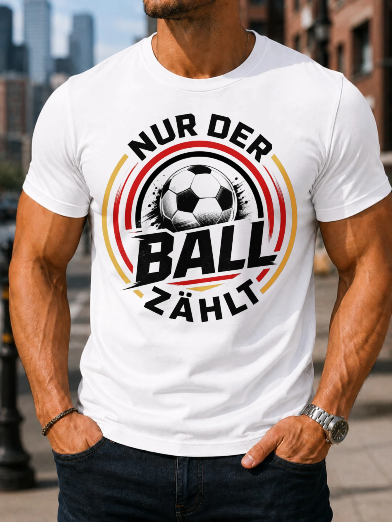 Фото Футболка унисекс с надписью German Soccer Nur Der Ball Zahlt Lettering Round Football Red Gold Rings And Fan Focus №1