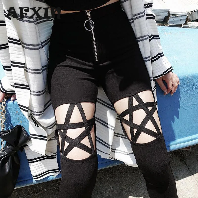 

Alt Goth Style Skinny Pants for Women Harajuku Y2K Sexy Hollow Out Pentacle Cool Trousers Black Zipper Up Gothic Jeans Girls