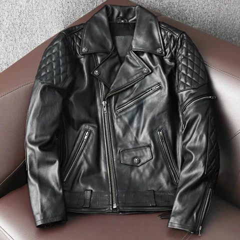 Новая тяжелая мотоциклетная куртка, первослойная куртка из воловьей кожи, мужская приталенная модная куртка с отложным воротником и несколькими карманами