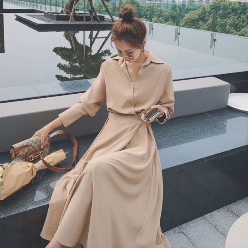 

Женское винтажное платье-рубашка, вечернее праздничное платье с длинным рукавом, Пляжное женское платье, платье с отворотом и приталенной т...