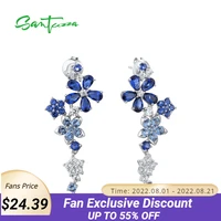 santuzza pure 925 sterling silver drop earrings for women long delicate flowers blue spinel white cubic zirconia fine jewelry