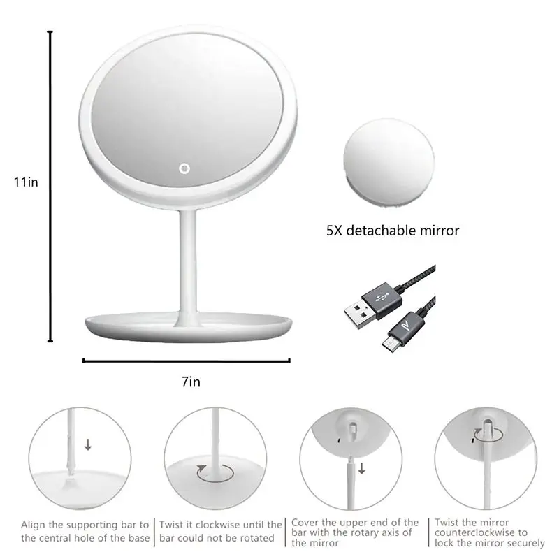 

3Light 5X LED Makeup Mirror With Light Lamp With Storage Desktop Rotating Cosmetic Mirror Light Adjustable USB Vanity Mirror