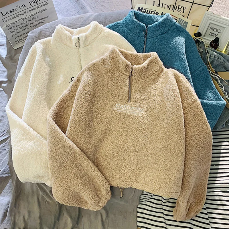 New Women Lamb Wool Short Sweatshirt Zipper Pocket Thick  Half High Collar Jacket Autumn Winter Warm Soft Long Sleeve Tops Coats