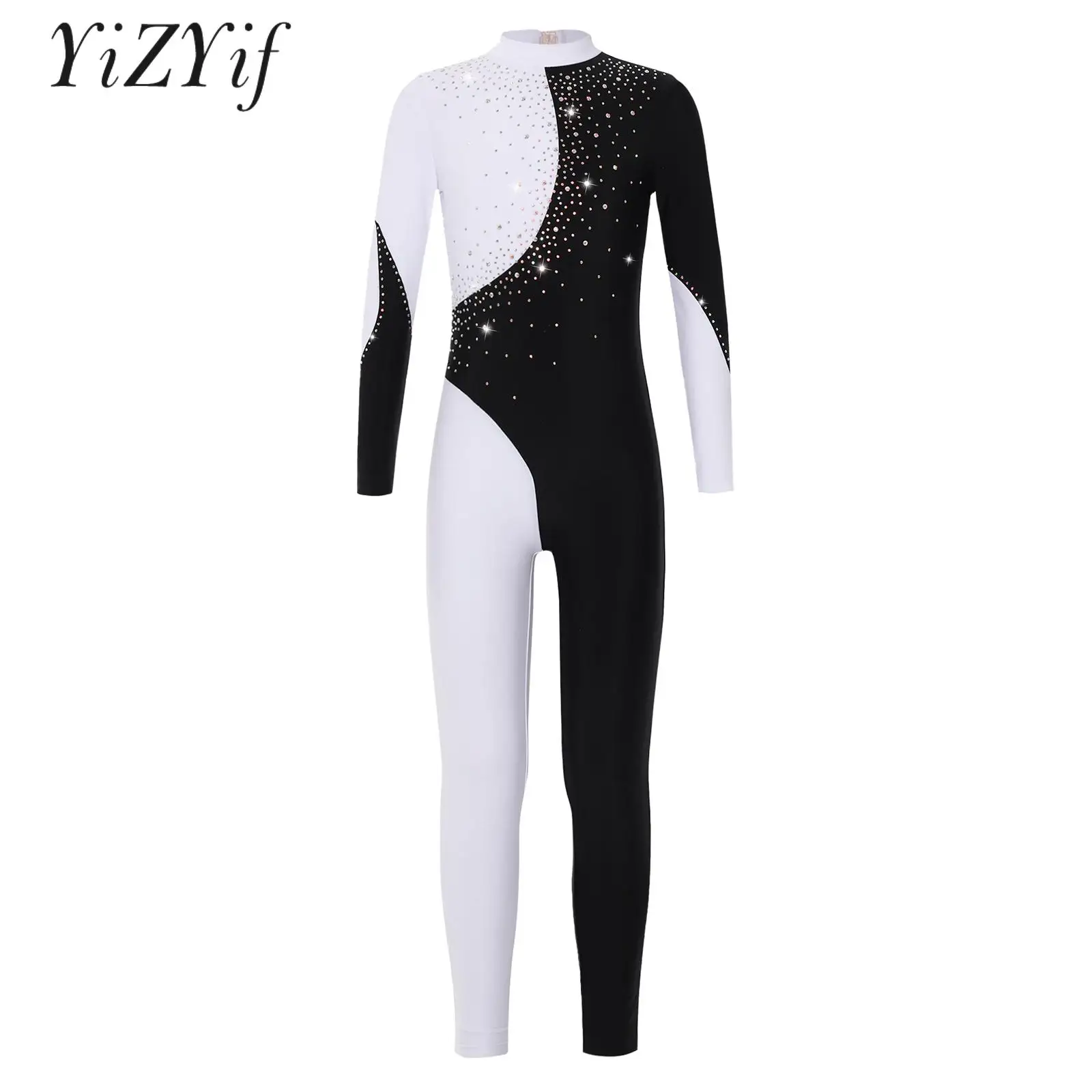 

Kids Girls Gymnastics Leotard Unitard Long Sleeve Contrast Color Shiny Rhinestone Bodysuit One Piece Figure Ice Skating Jumpsuit