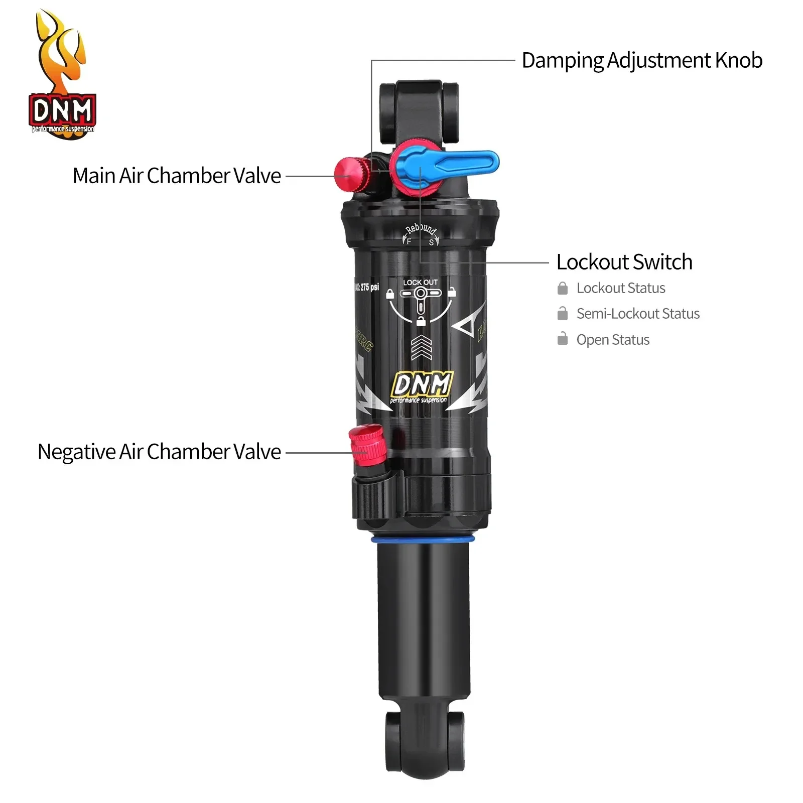 Фото Амортизатор DNM AO-39RC для горных велосипедов, двухкамерный с регулировкой демпфирования, задний внедорожный амортизатор №3