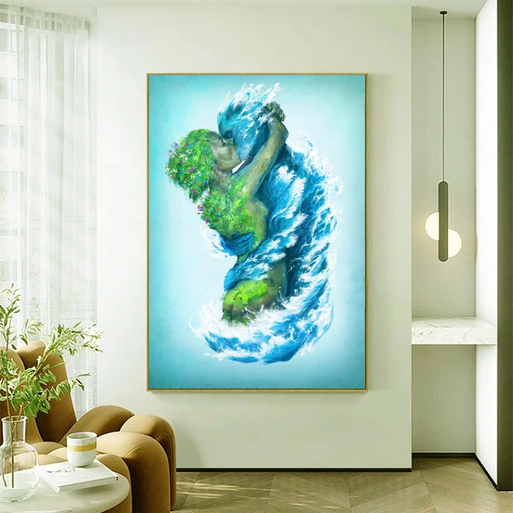 Рисунок сурреализма для изобразительного искусства, поцелуй в море и земле для пары, настенный Декор, живопись на абстрактном фоне, для обнимания влюбленных, жикле, холст, постер для комнаты