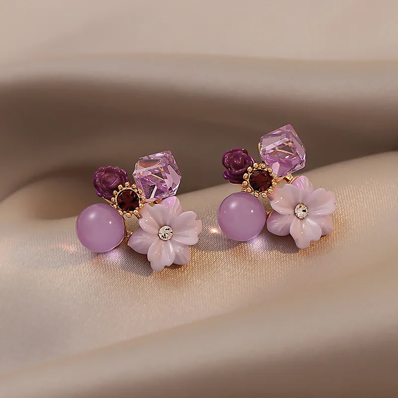 

Purple Crystal Flower Stud Earrings For Woman 2022 Korean Fashion Jewelry Wedding Party Girl's Elegance Set Accessories