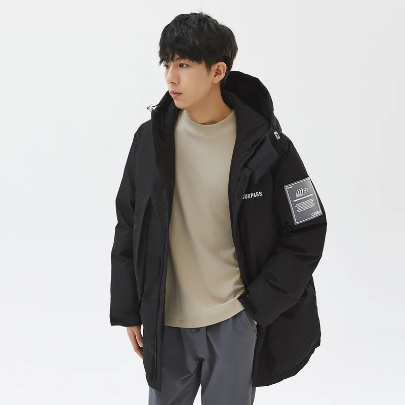Metersbonwe  Man Camouflage Color Hooded Down Jacket 80% Gray Duck Down Warm Winter Cargo Style Stereo Pocket Long Down Coat