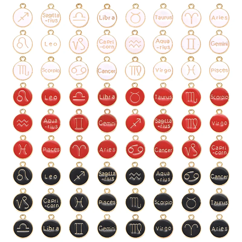 

12pcs/lot Zodiac Sign Charms Metal Round Enamel Double Sided Constellation Pendants For DIY Jewelry Making Accessories 15*12mm
