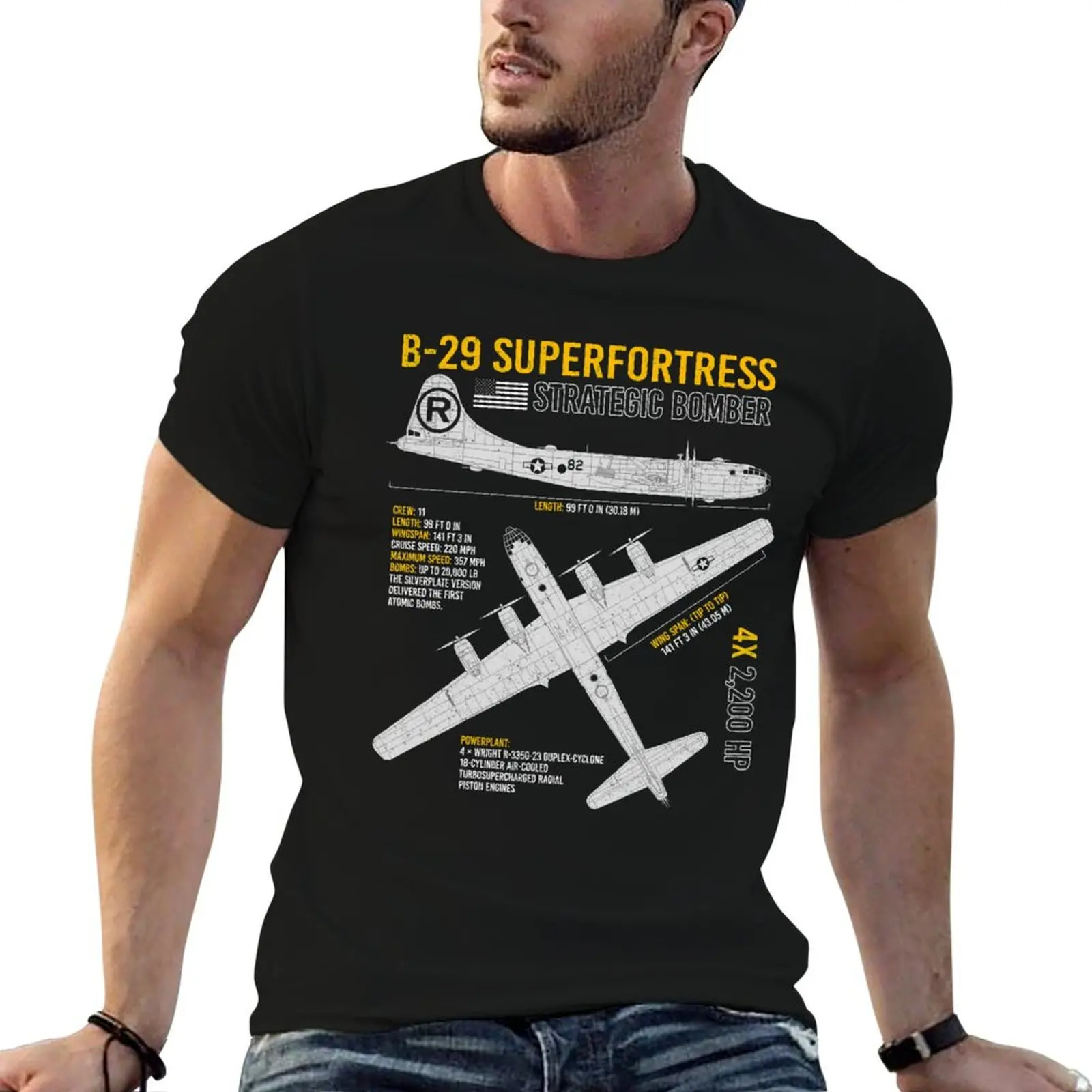 Фото Футболка с принтом B-29 Superfortress Bomber WW2, самолет США времен Второй мировой войны, чертеж самолета ВВС США, футболка из мягкого хлопка с принтом №1