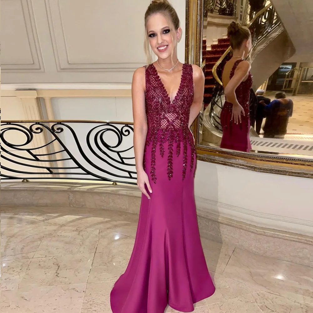 

Sexy Purple Mermaid Prom Dress 2023 V Neck Lace Applique Beading Long Evening Party Gown Woman Summer Formal Holiday Wear Gala