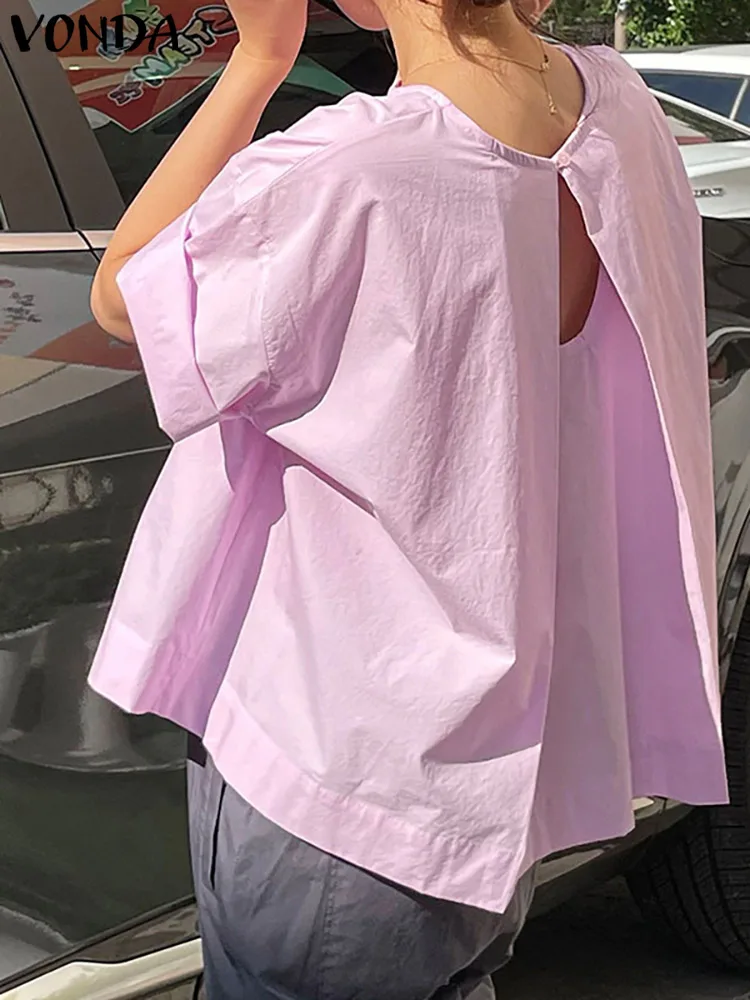 

2023 VONDA женская летняя блузка, модная однотонная блузка с разрезом сзади, Женская туника с коротким рукавом, повседневные свободные блузки