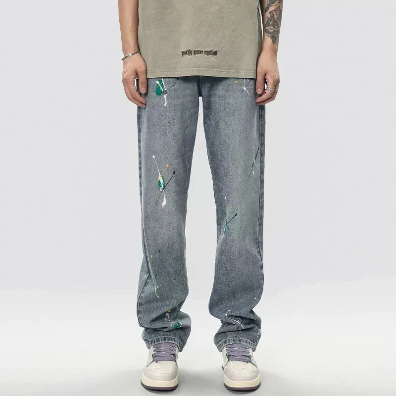 American Street Fashion Men Jeans Retro Blue Painted Designer Ripped Jeans Men Straight Trousers Casual Loose Denim Pants Hombre