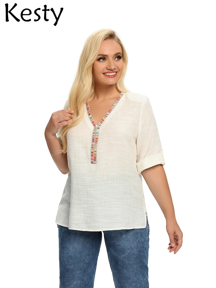 

Женский хлопковый топ больших размеров KESTY на весну и лето, повседневный топ с V-образным вырезом и блестками