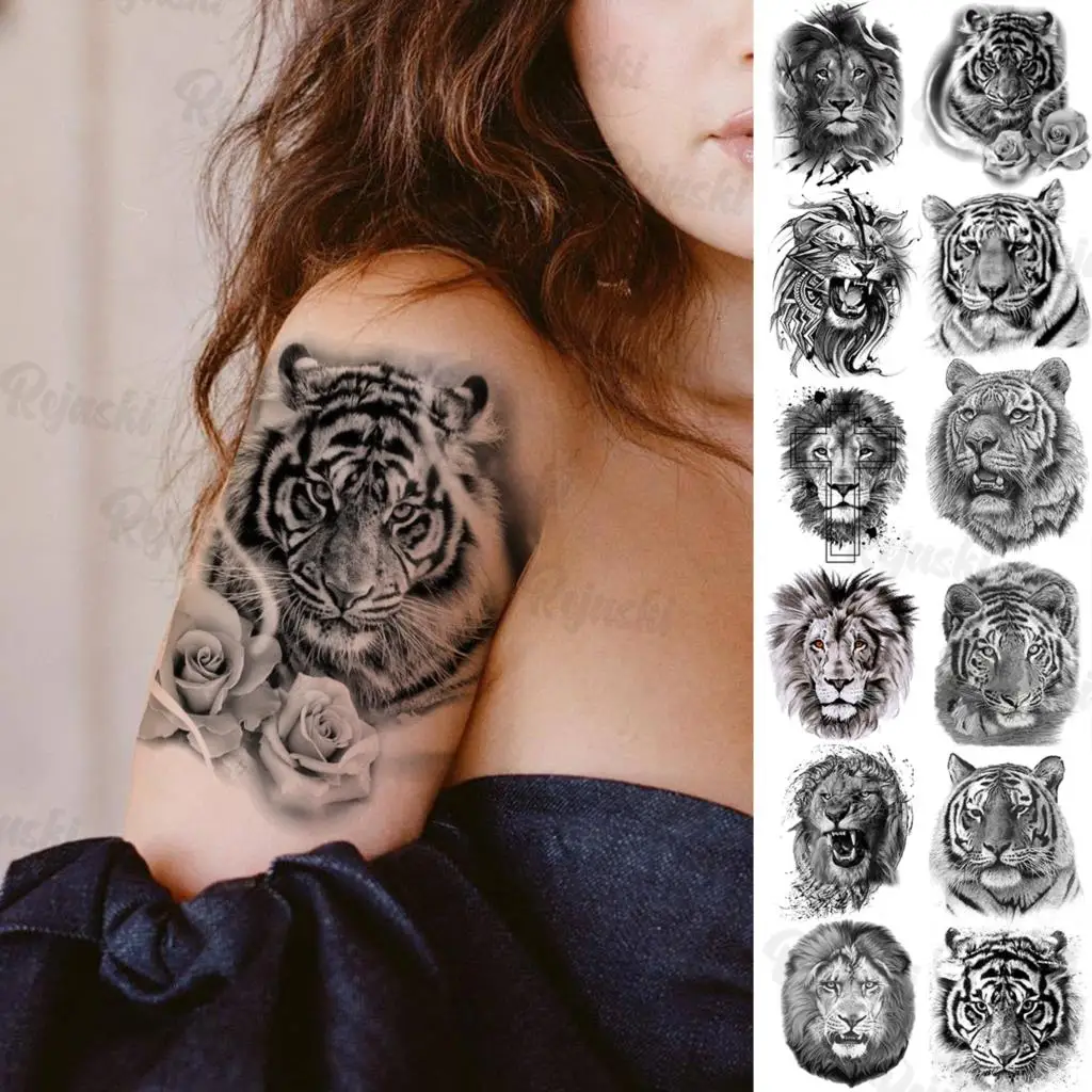 

Rose Flower Tiger Temporary Tattoos For Women Girls Realistic Lion Cross Waterproof Fake Tattoo Sticker Arm Body Tatoos Armband