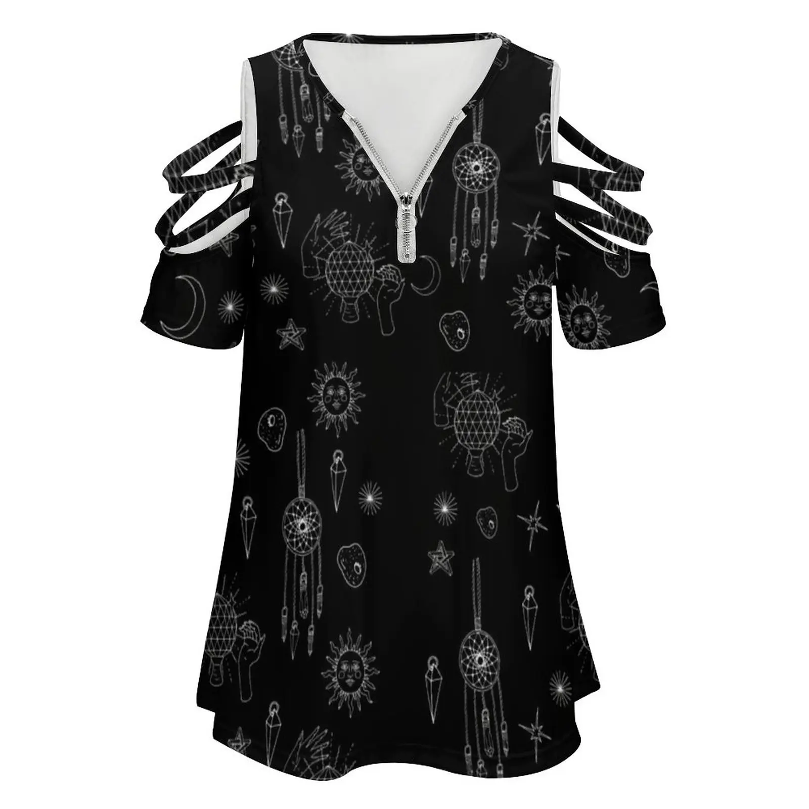 Retro Moon Print T-Shirts Gothic Celestial Street Wear V Neck T-Shirt Off Shoulder Oversized Tee Shirt Beach Woman Tops |
