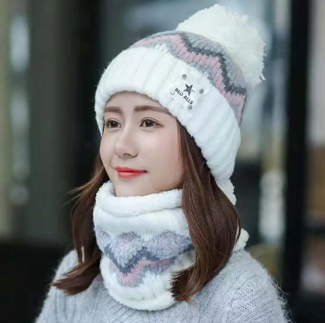 

2022 Fashion Winter Beanies Hat Ring Scarf Set for Women Casual Pompoms Hats Cute Knitted Caps Warm Cold-proof Plus Down Hats