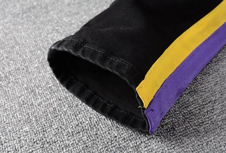 Джинсы мужские зауженные рваные модные брендовые брюки в желтую фиолетовую